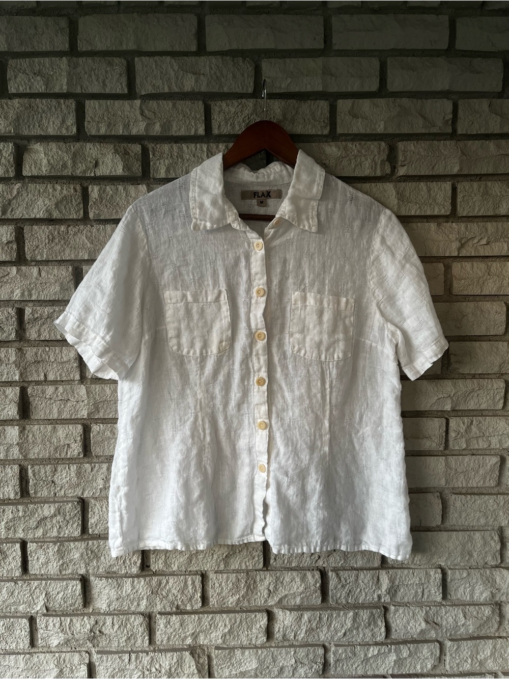 Flax 100% Linen Collared White Button Front Blouse Size Medium